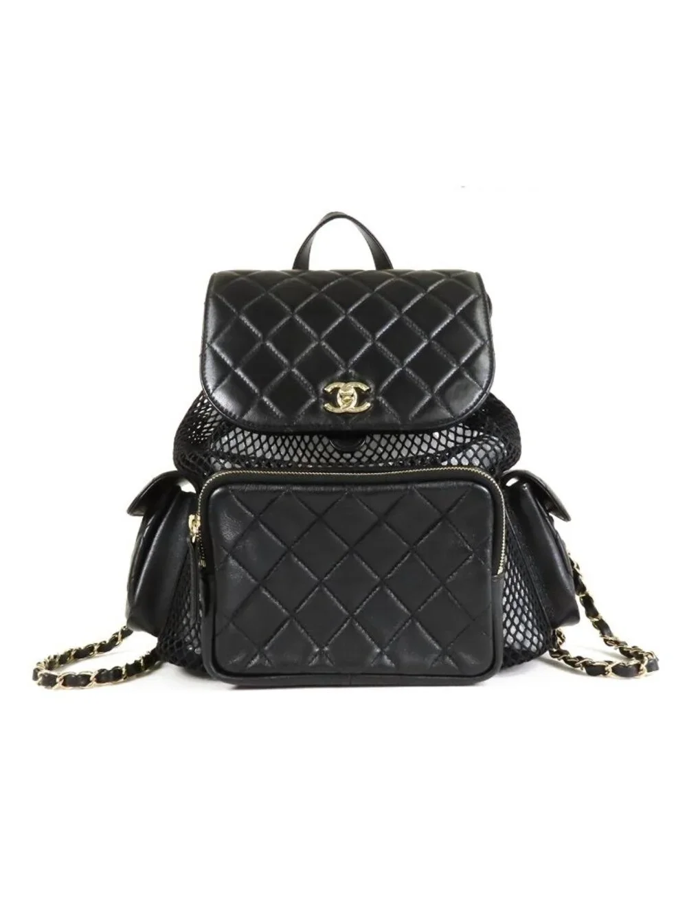 Chanel Mesh Backpack Black Gold Leather